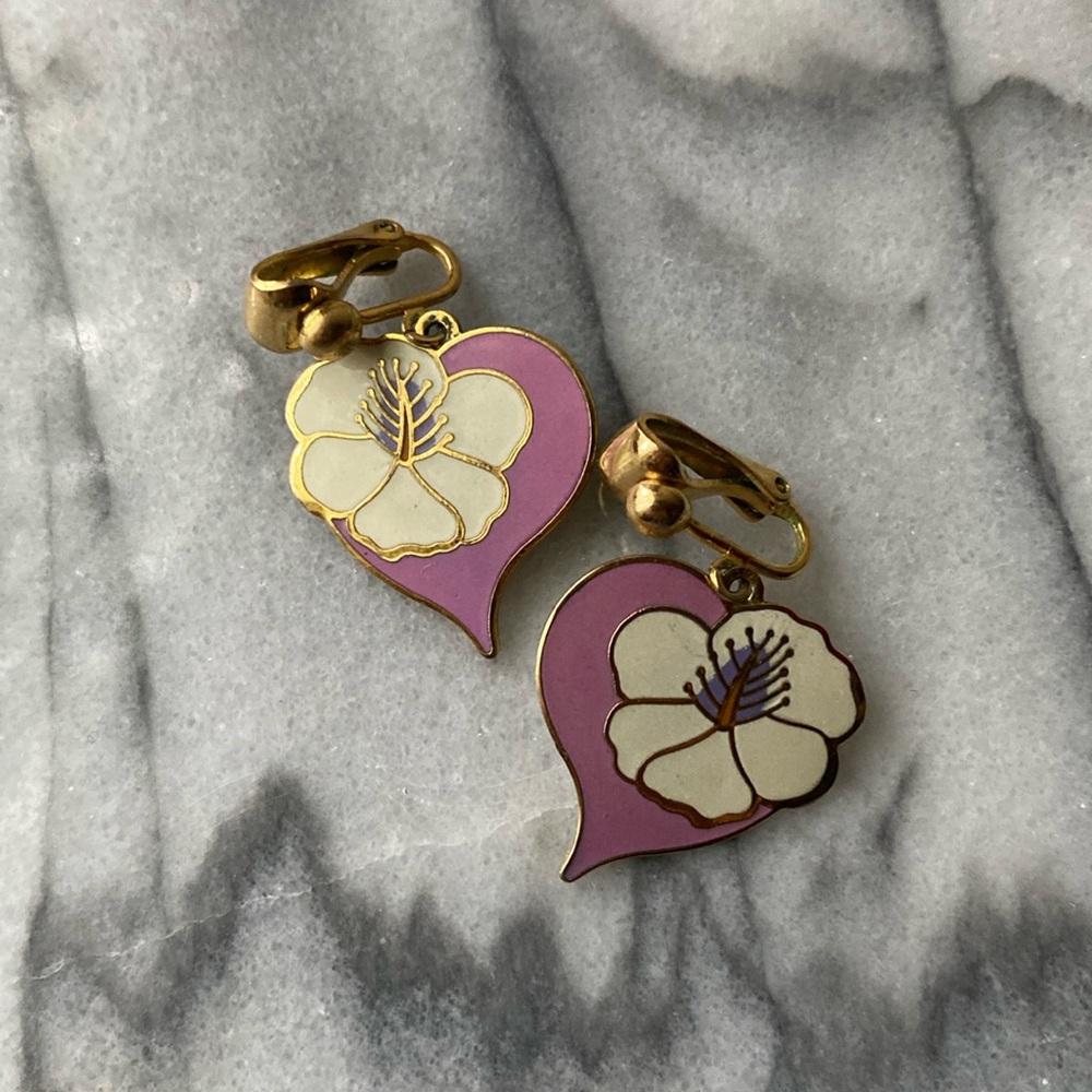 Laurel Burch vintage clip on hibiscus earrings